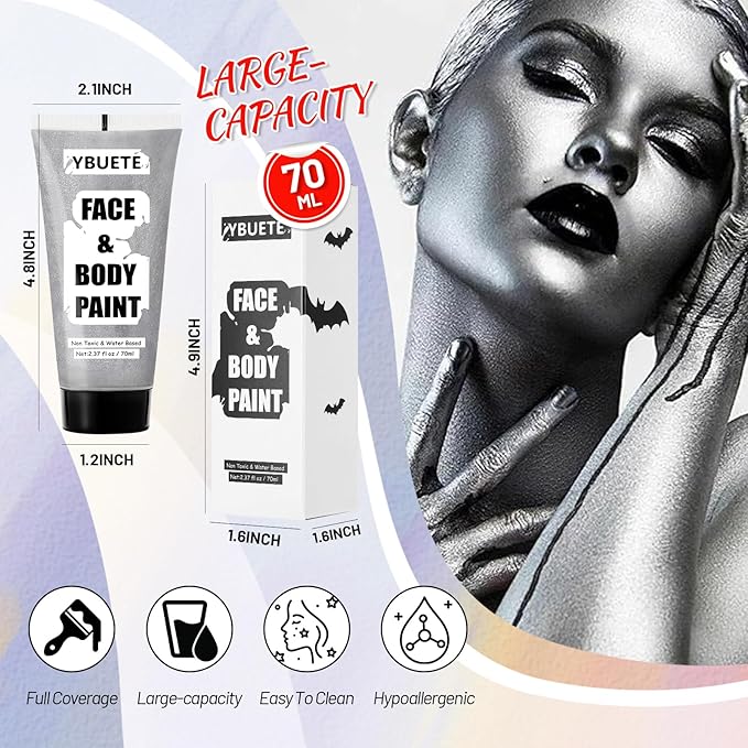 Sliver Water Based Face Body Paint, 2.37 OZ Large Tube Full Coverage Face Paint for Skull Goth Cosplay, Washable Metallic Silver Body Painting Cream for Adult Carnival Halloween SFX Makeup-Velvo Beauty
