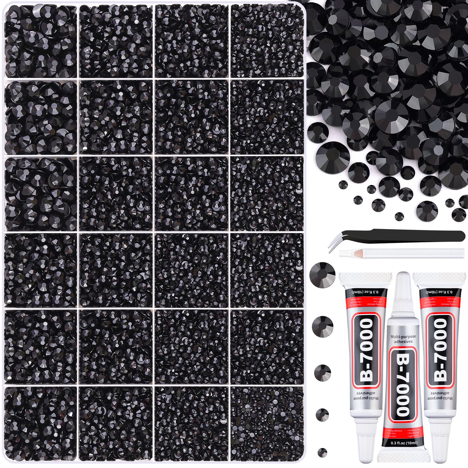 30000Pcs Resin Black Rhinestones for Bedazzling Crafting with b7000 Jewelry Glue, Bulk Flatback Gems Bedazzler Kit for Crafts Clothes Shoes Fabric Nail Diamond Art, Assorted Size 2/3/4/5/6mm-Velvo Beauty