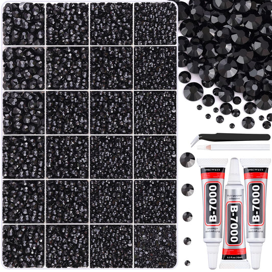 30000Pcs Resin Black Rhinestones for Bedazzling Crafting with b7000 Jewelry Glue, Bulk Flatback Gems Bedazzler Kit for Crafts Clothes Shoes Fabric Nail Diamond Art, Assorted Size 2/3/4/5/6mm-Velvo Beauty