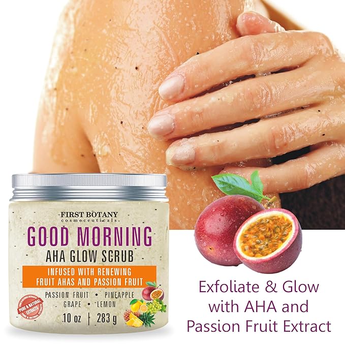 First Botany Body Scrub - Natural Exfoliating Salt Scrub & Body and Face Souffle helps with Moisturizing Skin, Acne, Cellulite, Dead Skin Scars, Wrinkles (10 fl oz, AHA Passion Fruit)-Velvo Beauty