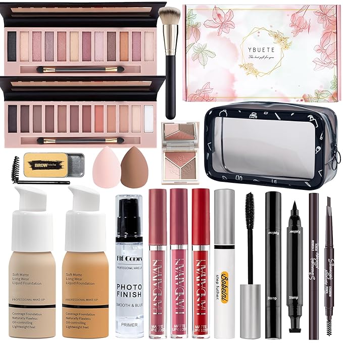 Makeup Set Kit for Women Full Kit, Makeup Gift for Makeup Beginner, Eyeshadow Foundation Face Primer Brush 3 in 1 Palette Lip Gloss, Eyebrow Soap Mascara Eyeliner cosmetic bag-Velvo Beauty