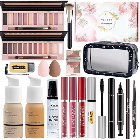 Makeup Set Kit for Women Full Kit, Makeup Gift for Makeup Beginner, Eyeshadow Foundation Face Primer Brush 3 in 1 Palette Lip Gloss, Eyebrow Soap Mascara Eyeliner cosmetic bag-Velvo Beauty