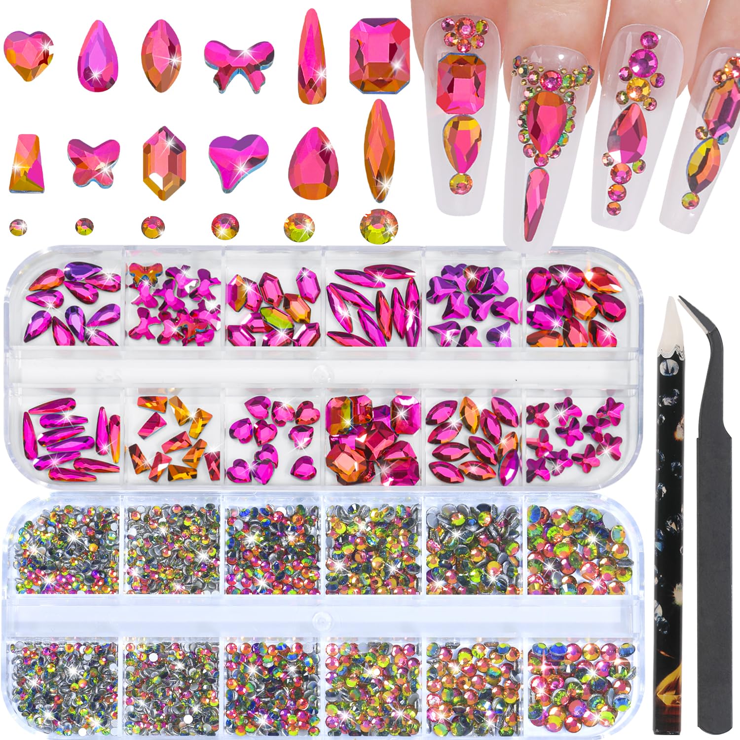 HNUIX Nail Rhinestones - 3D Multi Shape Size, Crystal Colorful Red Nail Gems, Flat Back, with Kit, for Nail Art, DIY Decorations-Velvo Beauty