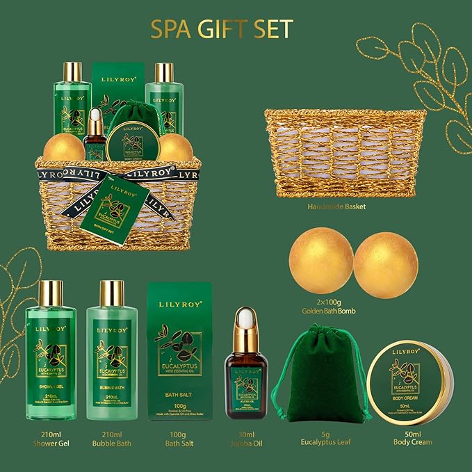 Bath & Body Gift Basket for Mothers Day - 10-Piece Eucalyptus Luxury Spa Set for Women & Men, Relaxation, Aromatherapy Ideal for Christmas, Father’s Day, Birthday with Shower Gel & More for Her & Him-Velvo Beauty