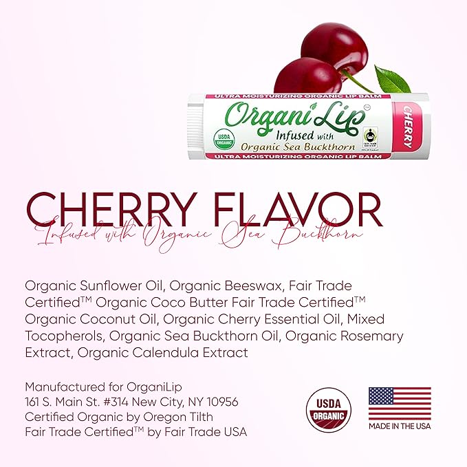 OrganiLip USDA Certified Organic Lip Balm for Nourishing Cracked or Dry Lips - All-Day Ultra Moisturizing Lip Care in Oval Shaped Tubes - 3-Pack (Cherry)-Velvo Beauty