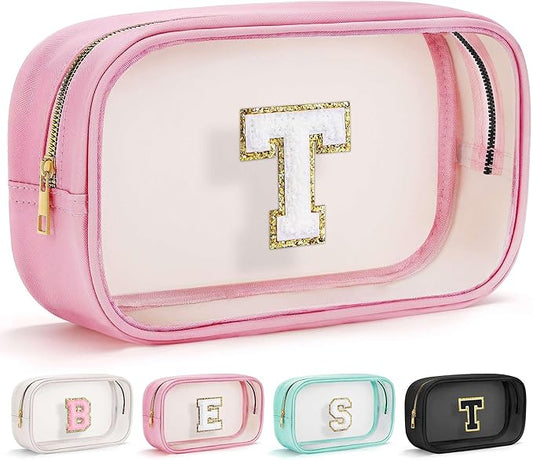 YOOLIFE Travel Toiletry Bag for Women, Pink Clear Makeup Bag Cute Make Up Bag for Women Cosmetic Bags Skin Care Makeup Bag Organizer Birthday Gifts for Women Teacher Mother Girlfriend Initial T-Velvo Beauty