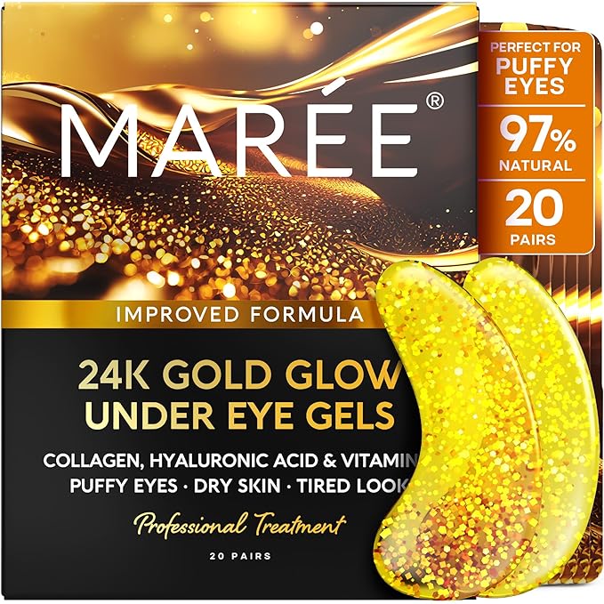 MAREE 24k Gold Under Eye Gels for Dark Circles and Puffiness - Collagen & Hyaluronic Acid Skincare Gel Pads - Gold Eye Patches for Puffy Eyes and Dark Circles - Under Eye Masks - Travel Essentials-Velvo Beauty