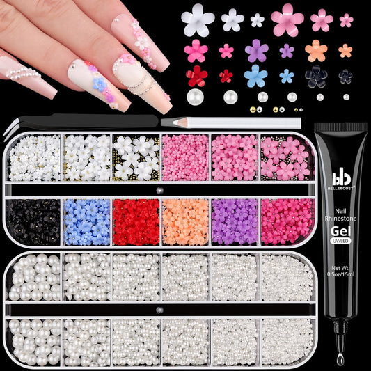 Pearls Nail Charms - White Flatback Pearls, 3D Flowers & Rhinestones Glue Gel for Nail Art-Velvo Beauty