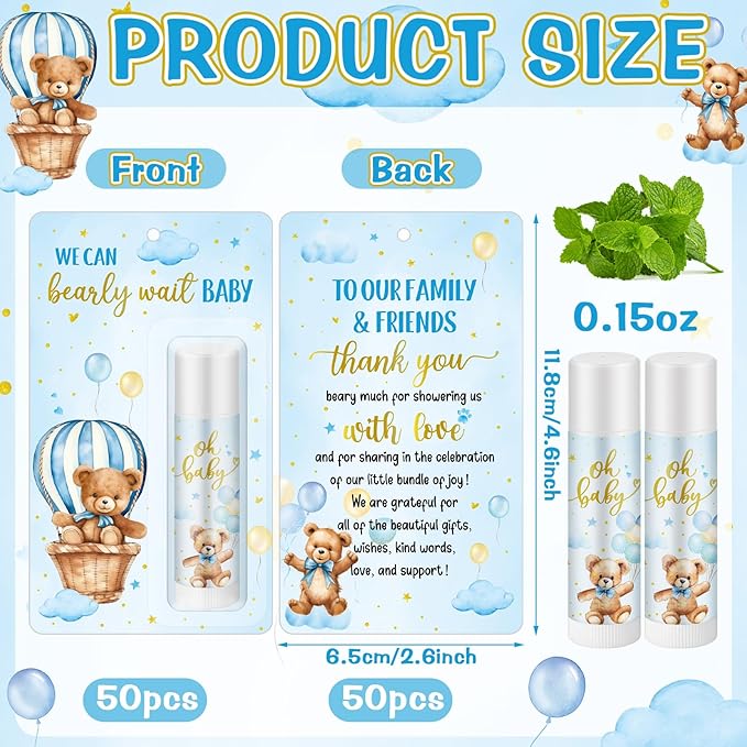 50 Pack Baby Shower Lip Balm Bulk Bear Baby Shower Favors Baby Mint Flavor Lip Balm Baby Shower Gifts for Guest Bear Themed Baby Shower Thank You Gifts Girls Boys Games Gender Reveal Favors-Velvo Beauty