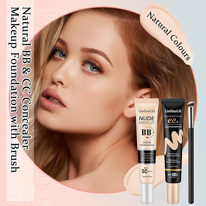 Full Coverage Concealer Foundation,Oil Control Long Lasting Lightweight BB Cream Tinted Face Moisturizer with SPF 50+ PA+++,Moisturizing CC Cream Liquid Foundation Makeup Brush Set（2 Pack）-Velvo Beauty