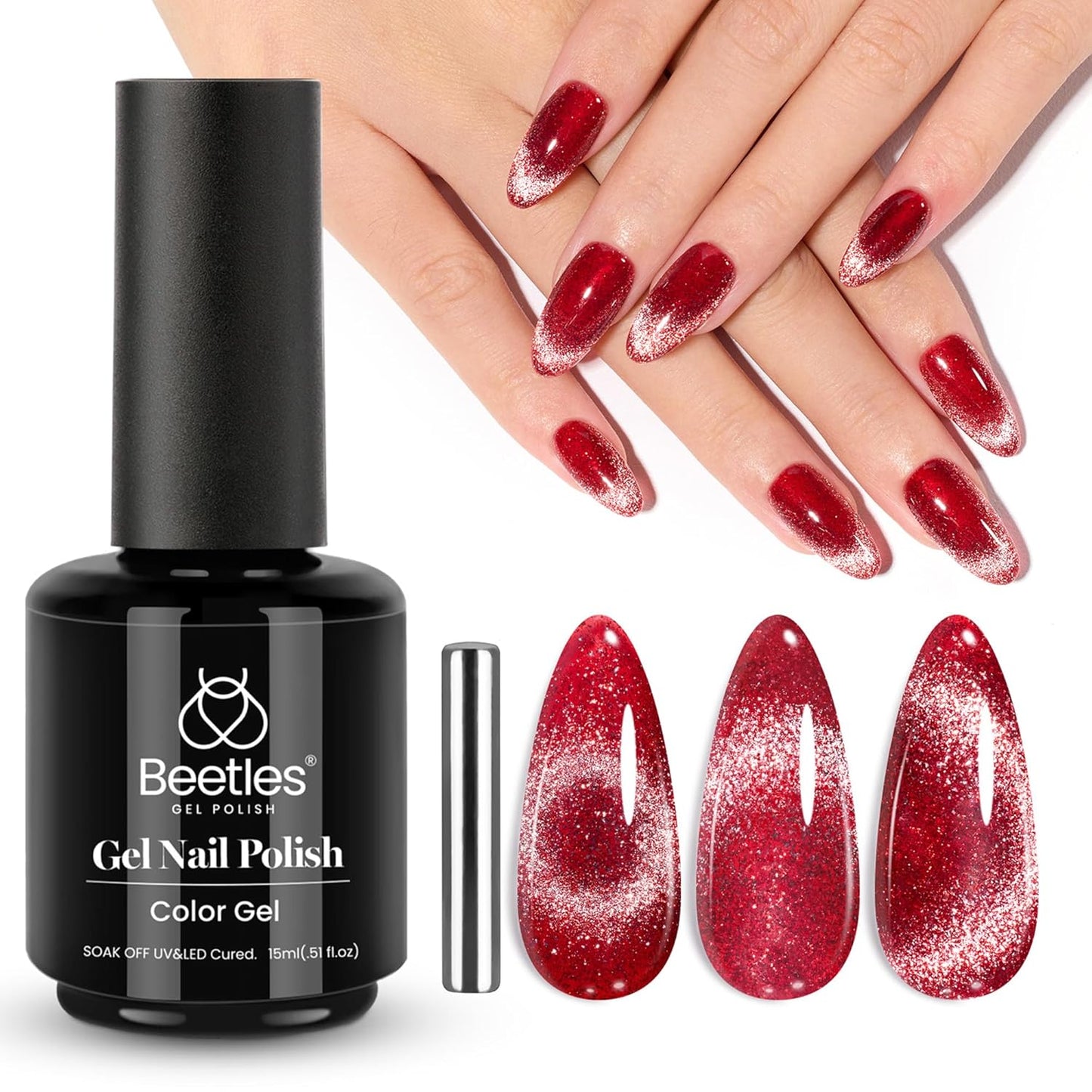 Beetles Red Cat Eye Gel Nail Polish, 15ml Glitter Nail Polish with Magnet Gel Soak Off UV LED Nail Lamp Reflective Nail Art DIY Home Manicure Design Gift for Women-Velvo Beauty