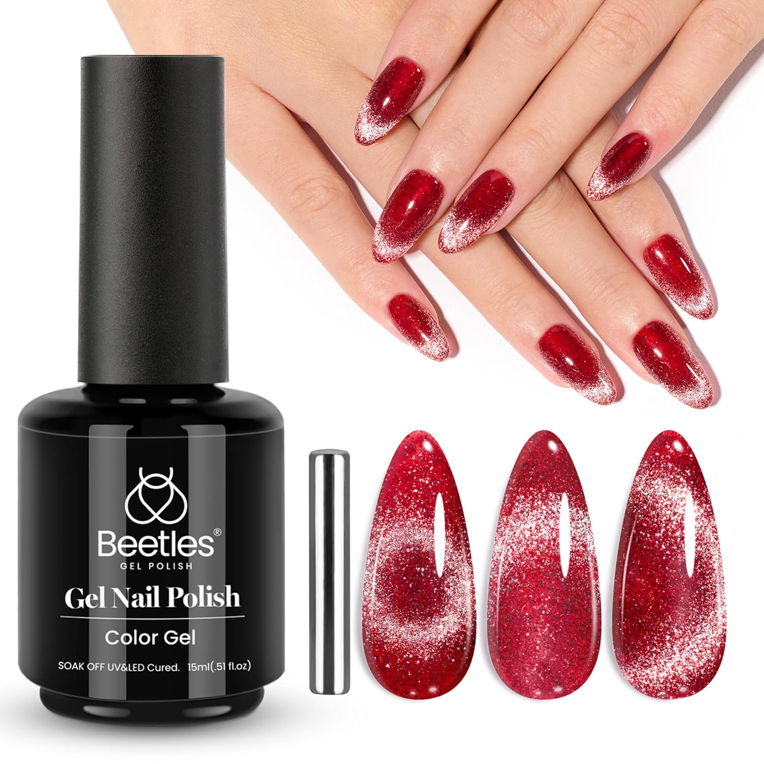 Beetles Red Cat Eye Gel Nail Polish, 15ml Glitter Nail Polish with Magnet Gel Soak Off UV LED Nail Lamp Reflective Nail Art DIY Home Manicure Design Gift for Women-Velvo Beauty