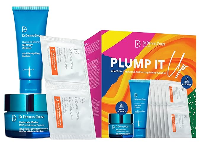 Dr Dennis Gross Plump It Up Kit: 3 Piece Dry Skin Essentials Set: Includes Hyaluronic Marine Moisture Cushion, Universal Daily Peel 10 App, Hyaluronic Marine Meltaway Cleanser-Velvo Beauty