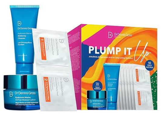 Dr Dennis Gross Plump It Up Kit: 3 Piece Dry Skin Essentials Set: Includes Hyaluronic Marine Moisture Cushion, Universal Daily Peel 10 App, Hyaluronic Marine Meltaway Cleanser-Velvo Beauty