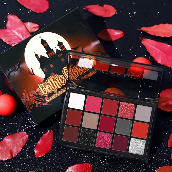 UCANBE Red Eyeshadow Makeup Palette, 15 Colors Burgunry Gray Silver Shimmer Matte Glitter Metallic Eye Shadow Pallet, Pigmented Make Up Kit for Halloween Parties Christmas Joker Vampire Clown-Velvo Beauty