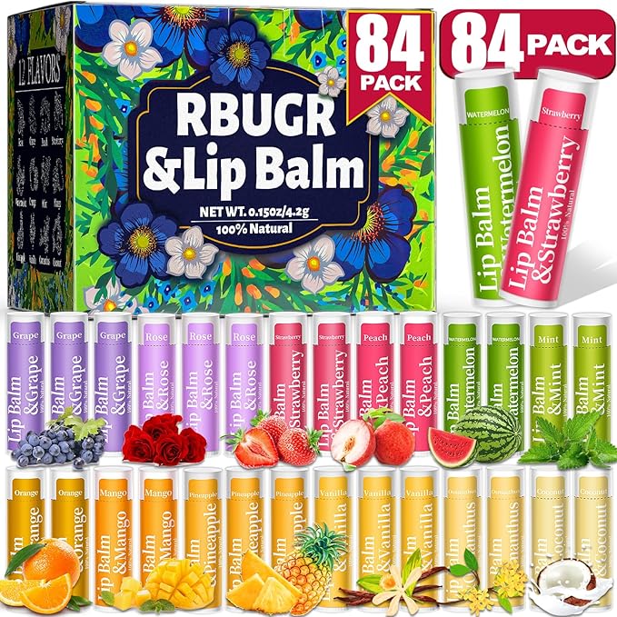 84 Pack of Lip Balm, 12 Flavored Lip Balms Natural Organic Vitamin E Lip Balm Pack for Dry Cracked Lips, Moisturising Lip Balm Bulk Gifts Stocking Stuffers Party Favors(4.2g/0.15oz)-Velvo Beauty