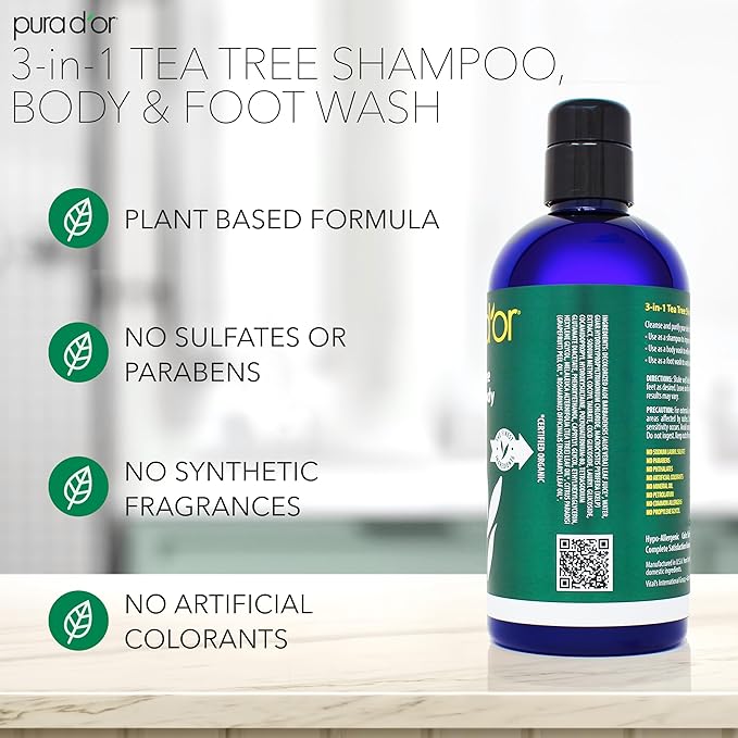 PURA D'OR 3-in-1 Tea Tree Shampoo, Body & Foot Wash, Shampoo (16oz x3 = 48oz) Total Body Care - Foot Odor & Daily Hygiene, Cleansing Routine, Post-Workout Refreshment - Soothes, Invigorates, Nourishes-Velvo Beauty