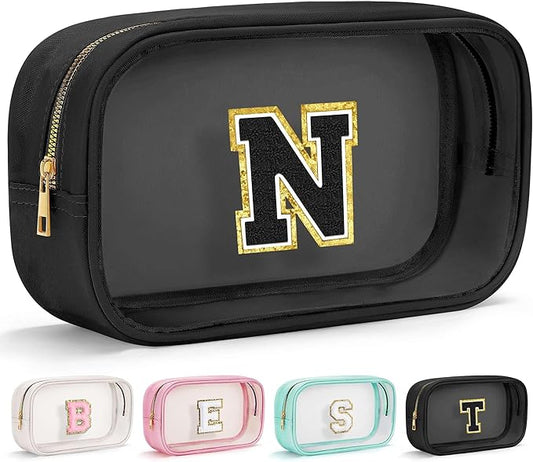 YOOLIFE Initial Travel Makeup Bag Pouch, Clear Toiletry Bag for Women Travel Accessories Cosmetic Bag Skin Care for Teen Make Up Bags Birthday Gifts for Women Unique Teacher Mom Friends Gifts Black N-Velvo Beauty