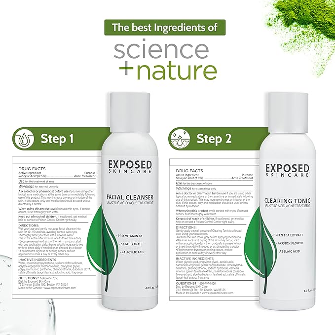 Exposed Skin Care Basic Acne Treatment Kit - Includes Salicylic Acid Face Wash, Clearing Tonic, Treatment Serum with Benzoyl Peroxide, Clear Pore Serum - Natural Acne Solution for All Skin Types-Velvo Beauty