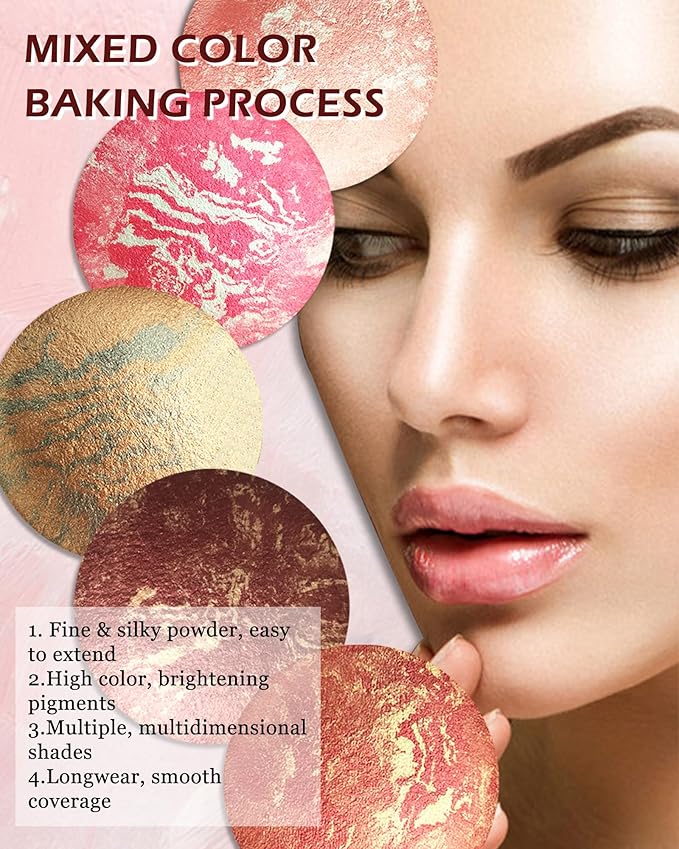 Baked Powder Blush, Glow Marbleized Blush Powder Palette,Lightweight Shimmery Cruelty-Free face Blush for Cheeks,Eyeshadow & Highlight,Makeup Gift for Women rubores de maquillaje(0.49Ounce)-04-Velvo Beauty