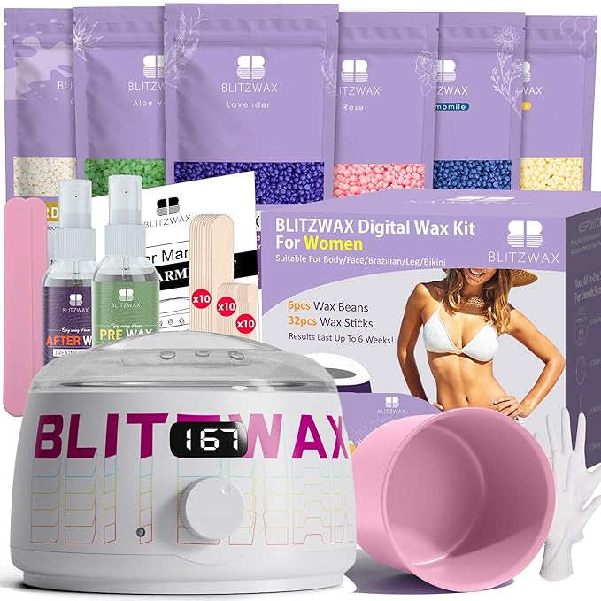 BLITZWAX Brazilian and Bikini Waxing Kit for Women, Hard Wax Warmer for Face, Legs, and Body, At Home Hair Removal Kit, Beginner Friendly, Quick Heating, Frost Reverb Digital Wax Pot-Velvo Beauty