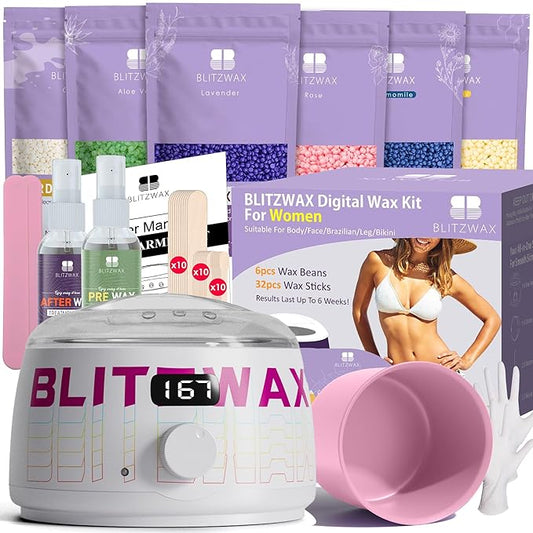BLITZWAX Brazilian and Bikini Waxing Kit for Women, Hard Wax Warmer for Face, Legs, and Body, At Home Hair Removal Kit, Beginner Friendly, Quick Heating, Frost Reverb Digital Wax Pot-Velvo Beauty