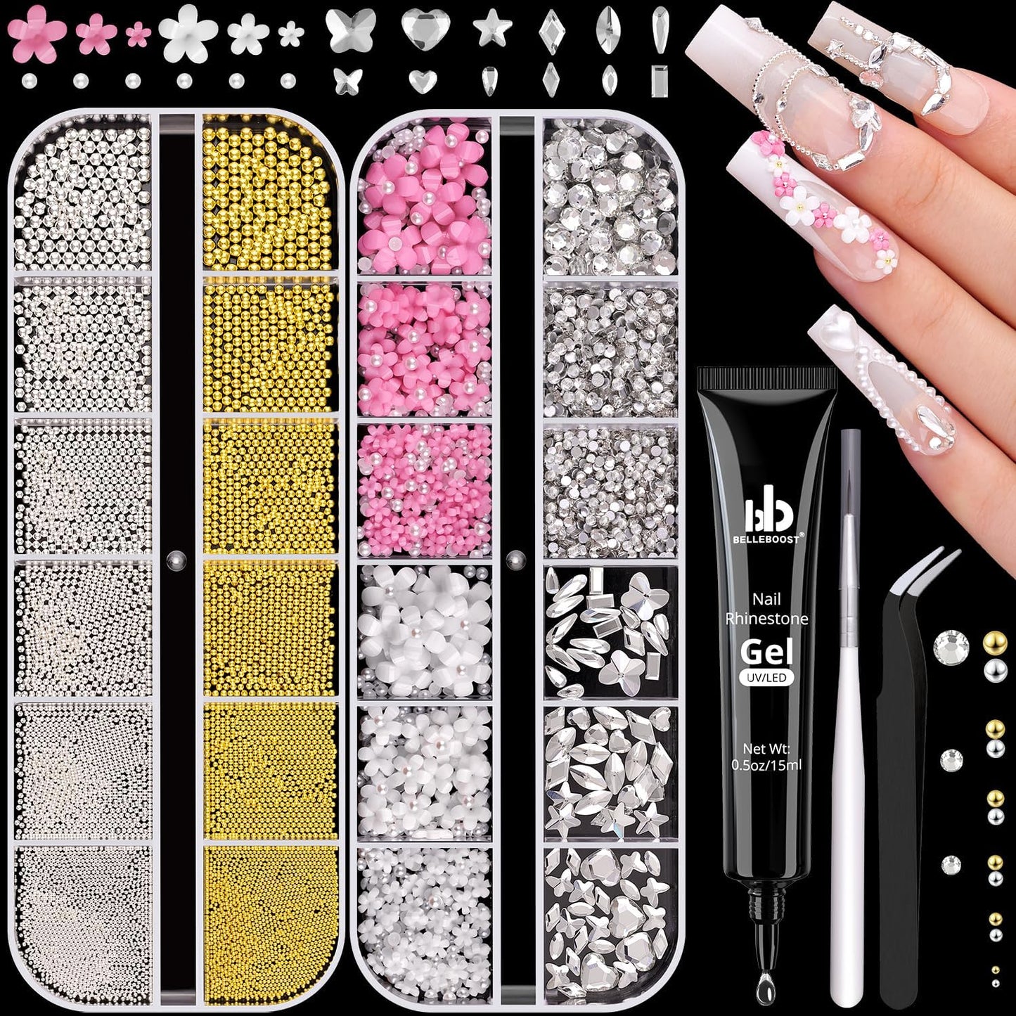 Metal 3D Flowers, Glass Rhinestones, Flatback Pearls, Caviar Beads for Nail Art - Multi Shapes Gems, Blossom Pearl Charms, Glue Gel for Manicure Decor-Velvo Beauty