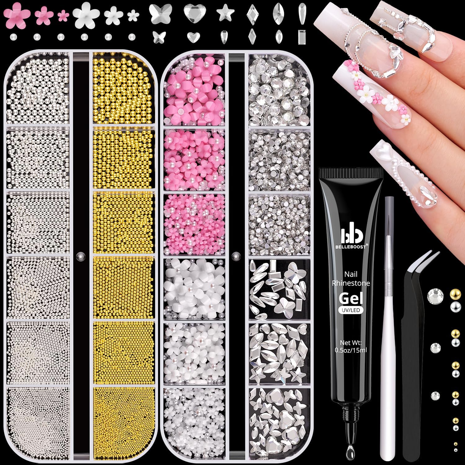 Metal 3D Flowers, Glass Rhinestones, Flatback Pearls, Caviar Beads for Nail Art - Multi Shapes Gems, Blossom Pearl Charms, Glue Gel for Manicure Decor-Velvo Beauty