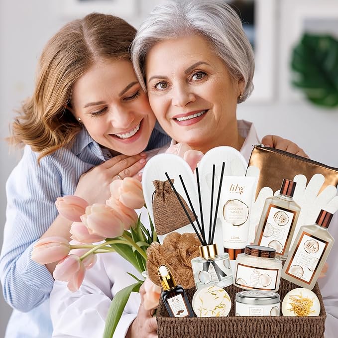 Bath and Body Gift Basket Set for Women - Coconut Vanilla Spa Gift Basket for Women 17-Piece Luxury Bath Gift Set with Shower Gel Self Care Pampering Gifts for Mothers Day, Christmas, Birthday Gifts-Velvo Beauty