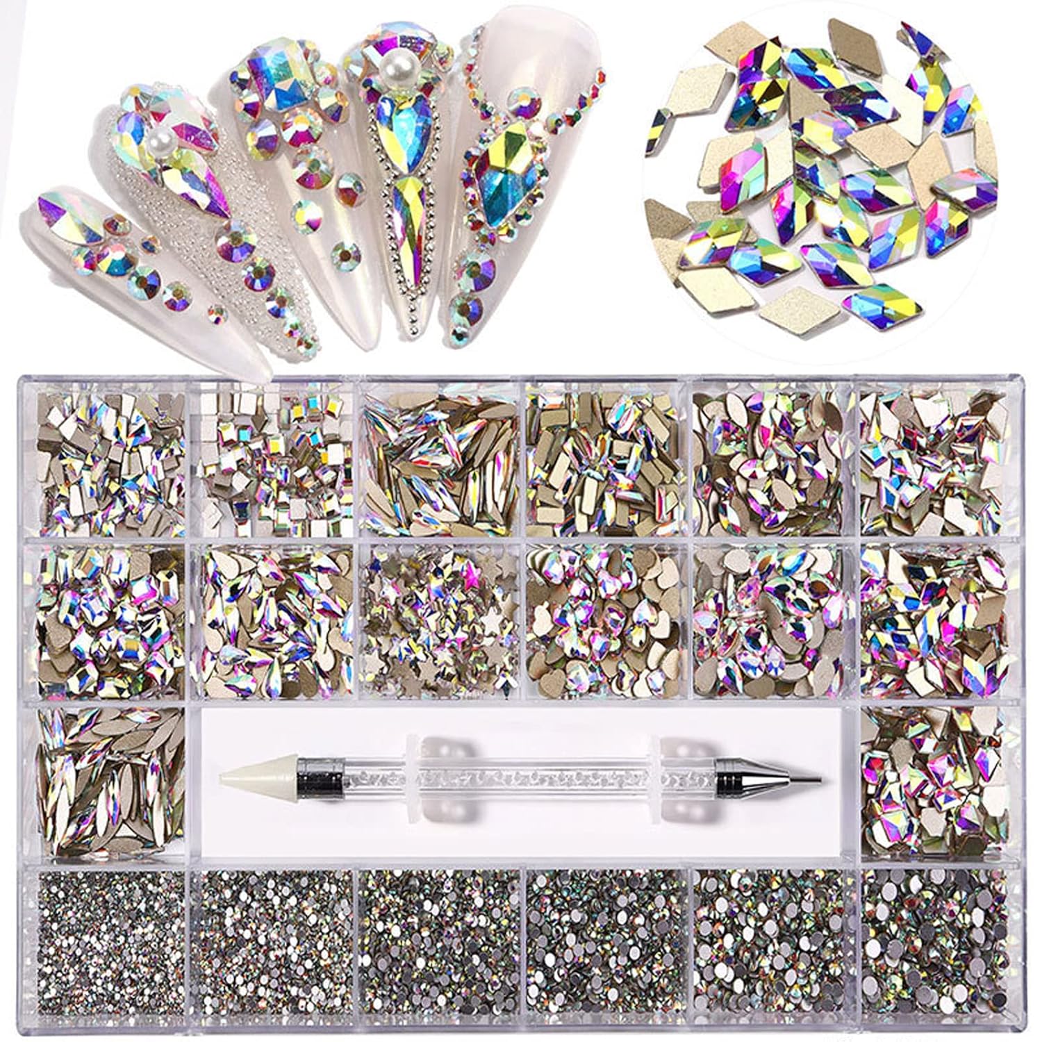 Nail Art Rhinestones, Nail Gems and Rhinestones Kit with Wax Pencil Flatback AB Rhinestones for Nails, Crafts, Makeup, Face, Clothes, Shoes-Velvo Beauty