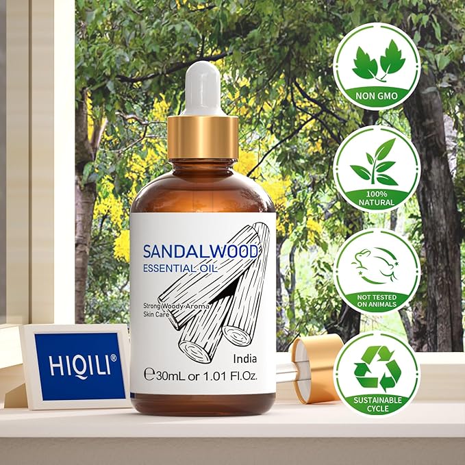 HIQILI Sandalwood Essential Oils 1 Fl Oz, 100% Pure Natural Therapeutic Grade for Skin, Diffuser, Perfume, Candle Soap Making, Includes Premium Quality Glass Dropper-Velvo Beauty