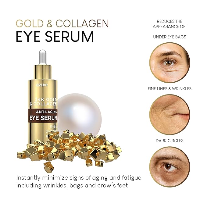 AZURE 24K Gold & Collagen Anti Aging Eye Serum - Firming, De-Puffing & Hydrating | Reduces Wrinkles, Fine Lines & Under Eye Bags | Minimize Signs of Aging | Made in Korea - 60mL-Velvo Beauty