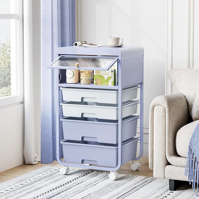 Utility-Rolling-Storage-Drawer-Craft-Cart-Organizers with 4 Drawers & Dust-Proof Door for Kid Craft Art Room,Bedroom,Home Office, Lavender Purple-Velvo Beauty