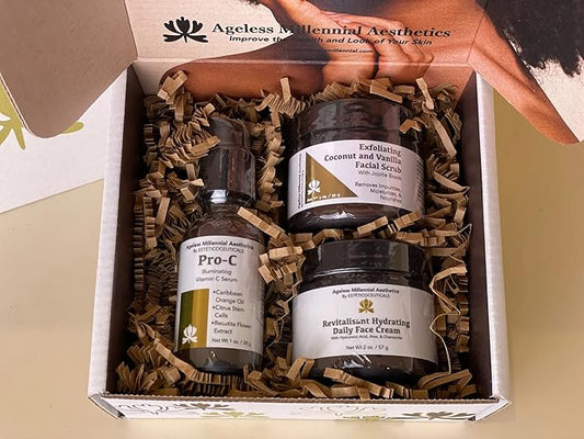 Ageless Millennial Aesthetics - Days Skin Care Gift Box - 1 Exfoliating Coconut Scrub - 2.0oz, 1 Pro-C Illuminating Antioxidant Serum - 1.0oz, and 1 Revitalisant Hydrating Cream - 2.0oz-Velvo Beauty