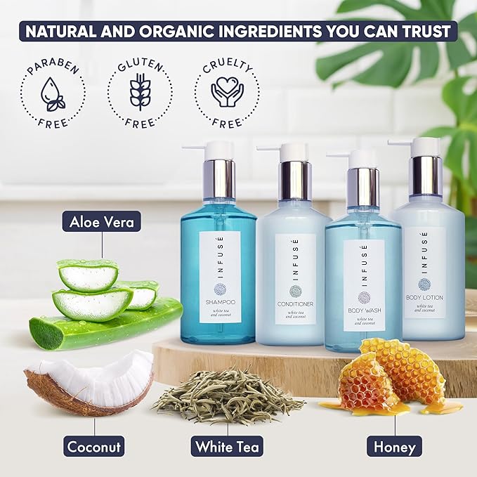 1-Shoppe Infuse 40 Piece Ecobox All-In-Kit | White Tea and Coconut Soap | 12 Shampoo, 8 Conditioner, 12 Body Wash & 8 Lotion | 10oz Hotel Soaps and Toiletries Bulk | Personal Care Products-Velvo Beauty