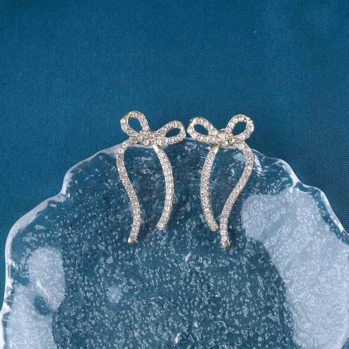 Vintage Crystal Bow Earrings Rhinestone Bow Drop Earrings Long Cz Rhinestone Earrings Gold Bow Cz Stud Earrings Jewelry for Women-Velvo Beauty