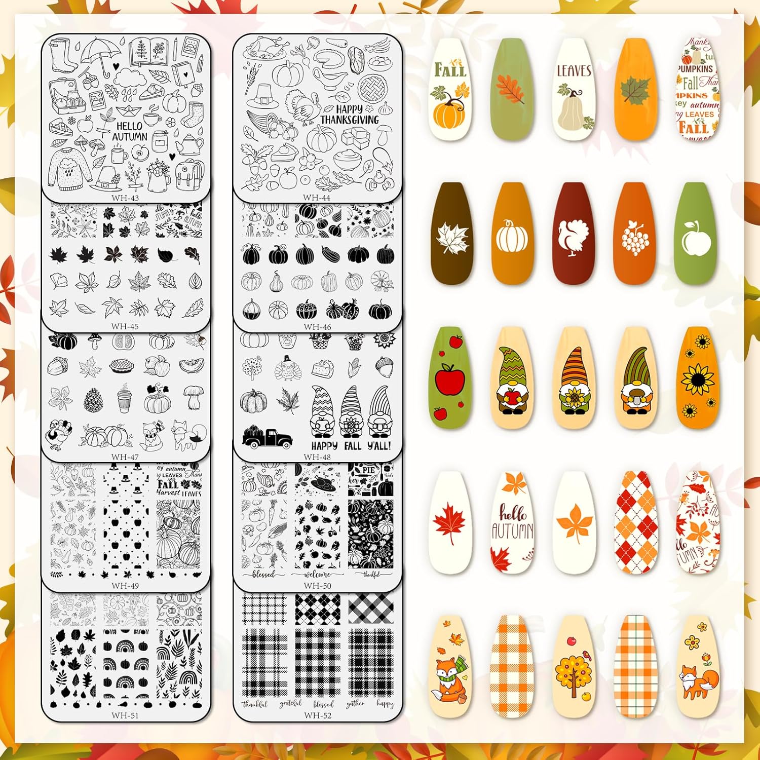 Whaline 10 Sheet Fall Nail Art Stamping Plates Kit Happy Thanksgiving Pumpkins Maple Leaf Gnome Plaid Autumn Blessings Collection Nail Art Plate for Autumn Thanksgiving Nail Art Design DIY Print-Velvo Beauty