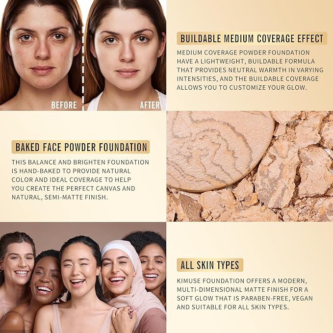 KIMUSE Lighting Glow Baked Foundation, Brighten Color, Color Corrector, Buildable Coverage, Lightweight Powder Foundation, Radiant Natural Finish-Velvo Beauty