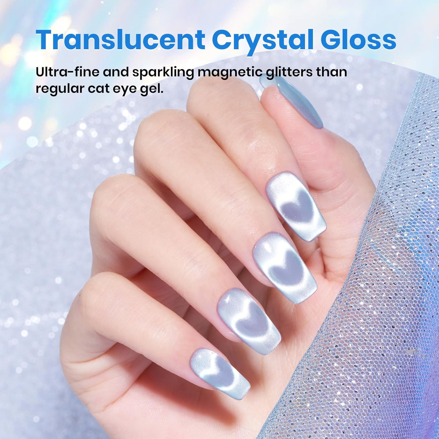 Beetles Blue Cat Eye Gel Polish, 15ML Light Blue Glass Cat Eye Glitter Gel Polish with Magnet Shimmer Translucent Sheer Color Soak Off UV Frosted Galaxy Series French Nail Art Gift for Women-Velvo Beauty