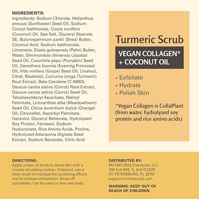 Exfoliating Turmeric Scrub and Skin Exfoliator with Collagen and Coconut Oil, Gently Exfoliates Face, Body, Hands, and Feet, Moisturizing Skincare, 16 oz by M3 Naturals-Velvo Beauty