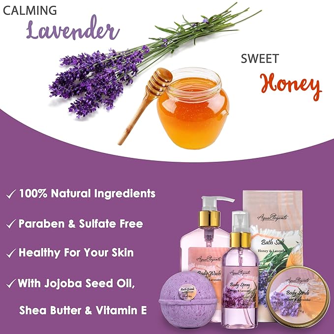 Bath Spa Gift Sets - Luxury Basket With Honey & Lavender - Spa Kit Includes Wash, Bubble Bath, Lotion, Bath Salts, Body Scrub, Body Spray, Shower Puff, Bathbombs, Soap and Towel-Velvo Beauty
