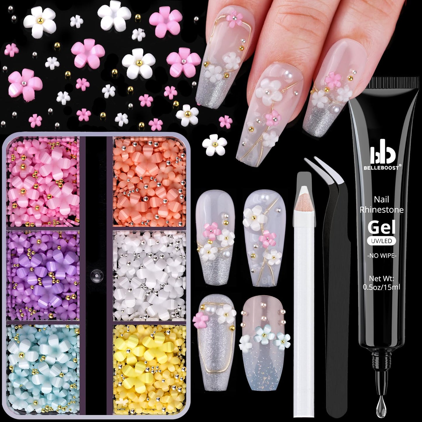 3D Flowers, Manicure Kit with Rhinestone Glue Gel, Colorful Acrylic Flower Nail Charms with Caviar Beads, Rhinestones for Nails with Gem Glue (UV/LED Needed) with Pickup & Dotting Tools-Velvo Beauty