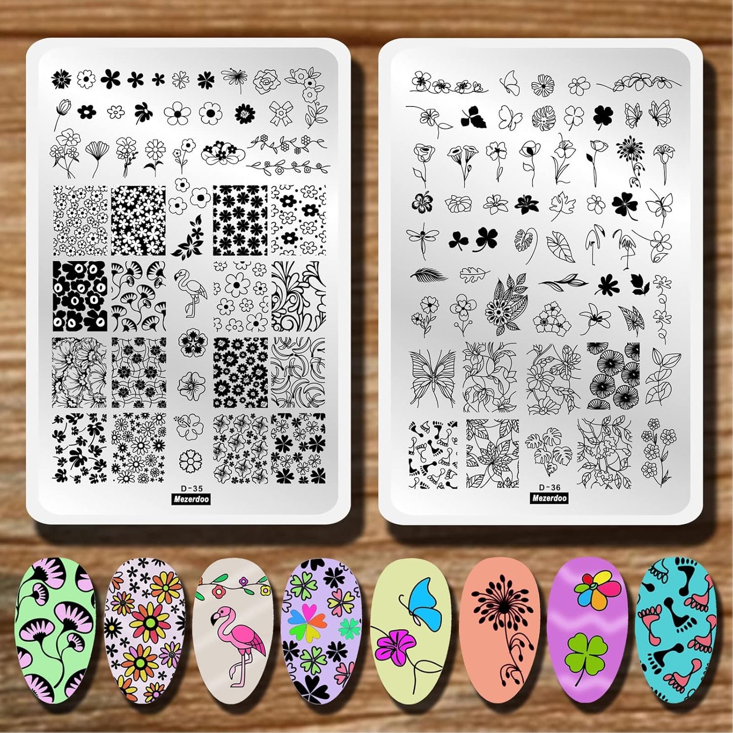 Flowers Leaf Nail Stamping Plates 2pcs Large Nail Stamper Plate Daisy Flower Flamingo Butterfly Image Stamp Templates Reusable Stencils Clover Plantillas Manicure Stamping Plate Template for Girls-Velvo Beauty