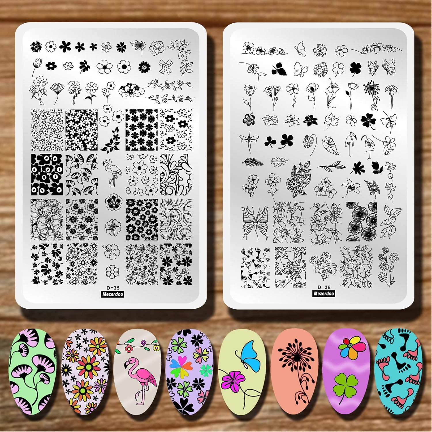 Flowers Leaf Nail Stamping Plates 2pcs Large Nail Stamper Plate Daisy Flower Flamingo Butterfly Image Stamp Templates Reusable Stencils Clover Plantillas Manicure Stamping Plate Template for Girls-Velvo Beauty