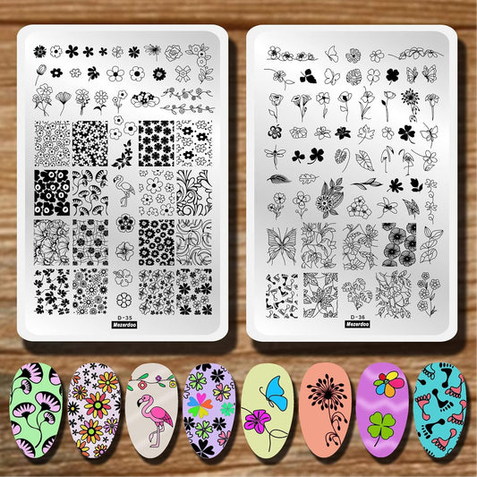 Flowers Leaf Nail Stamping Plates 2pcs Large Nail Stamper Plate Daisy Flower Flamingo Butterfly Image Stamp Templates Reusable Stencils Clover Plantillas Manicure Stamping Plate Template for Girls-Velvo Beauty
