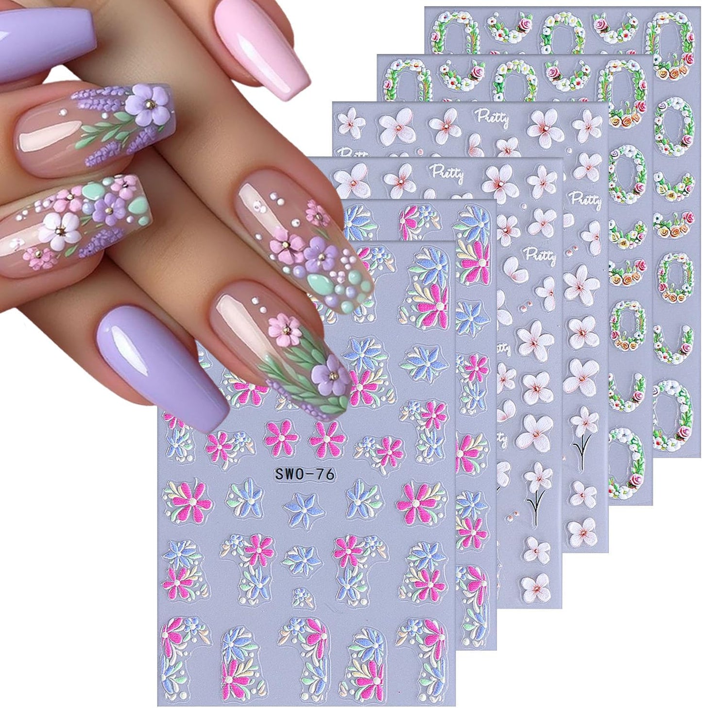 6 Sheets Flower Nail Art Stickers Rose Daisy Nails Art Decals 3D Self-Adhesive Nails Sticker Holographic Stereo Blossom Decal Decoration for Women Wreath Manicure Stickers DIY Nail Supplies-Velvo Beauty