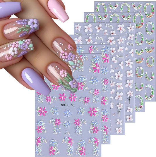 6 Sheets Flower Nail Art Stickers Rose Daisy Nails Art Decals 3D Self-Adhesive Nails Sticker Holographic Stereo Blossom Decal Decoration for Women Wreath Manicure Stickers DIY Nail Supplies-Velvo Beauty