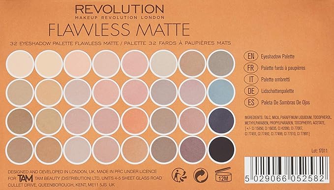 Makeup Revolution 32 Color Eyeshadow Palette, Flawless Matte-Velvo Beauty