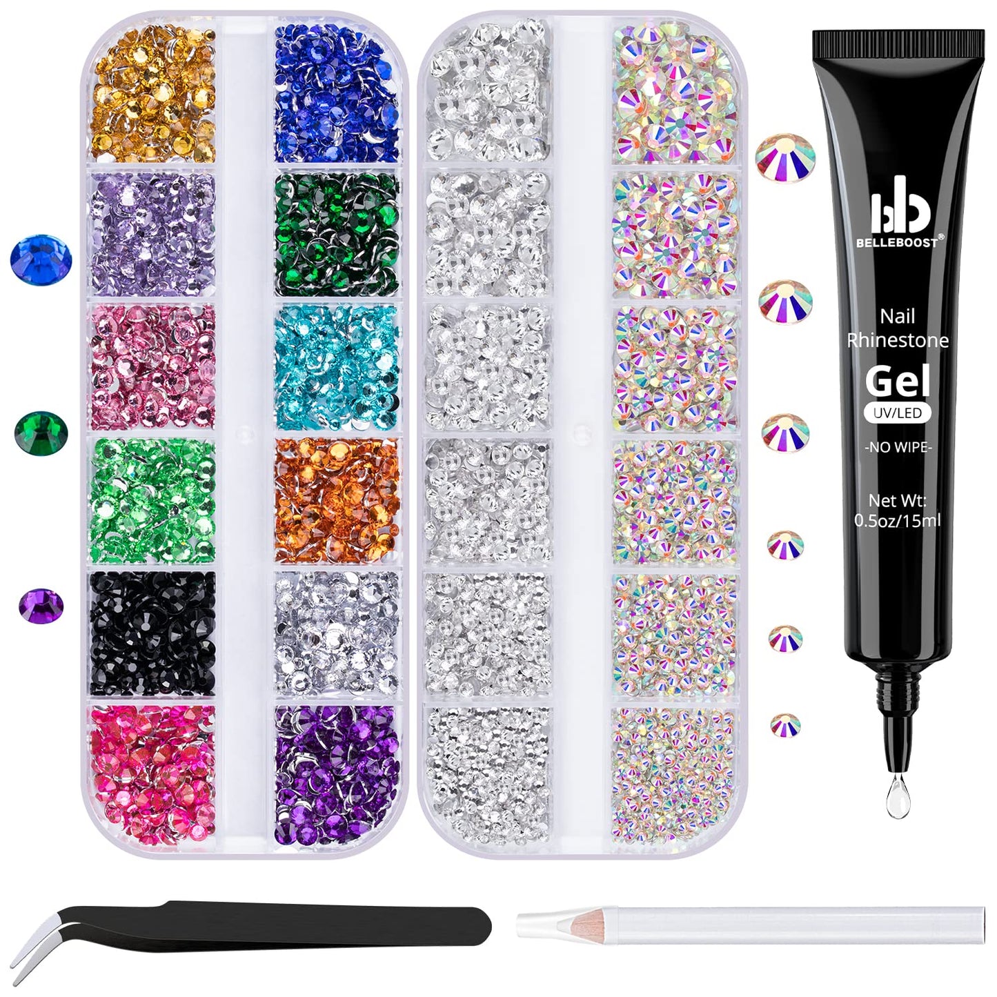 Nail Art Rhinestone Glue Gel&2 Boxes Flatback Gems Kit, 1 Tube of 15ml Rhinestone Gel Glue+Colorful Gems+Flat Back Round Glass Crystal AB&Clear Gemstones with Pickup Tools-Velvo Beauty