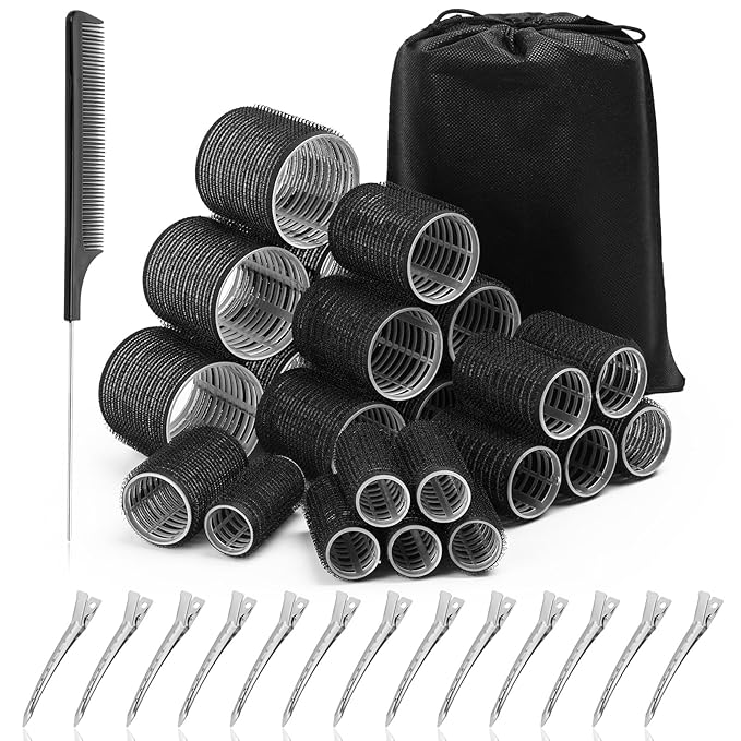 Acejoz Hair Rollers for Blowout Look, 38 Pcs Self Grip Hair Rollers Set with 4 Sizes, 12 Pcs Hair Clips, Comb and Storage Bag for Hair Volume (Black)-Velvo Beauty